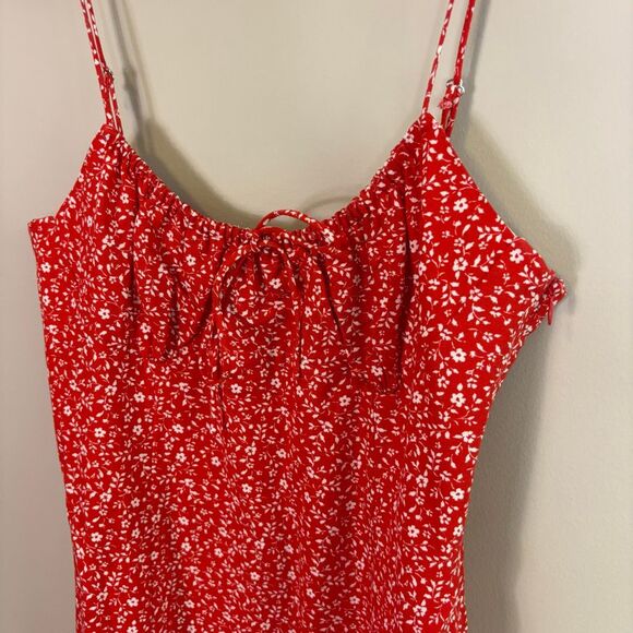 Zara Red with White Floral Print Midi Dress with Slit Side Size Medium - Picture 6 of 9